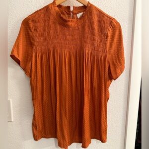 Bohme Burnt Orange Satin Smocked Short Sleeve Blouse, Women’s Size Small